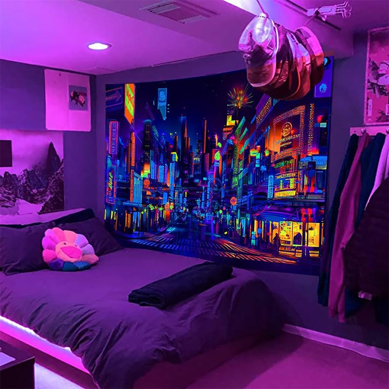 Bzhilja Blacklight Japanese Anime Tapestry, UV Reactive Punk Cityscape Wall Tapestry, Japanese Tokyo Billboards District City 80S Art Wall Hangings for Living Room Bedroom Dorm - Image 5