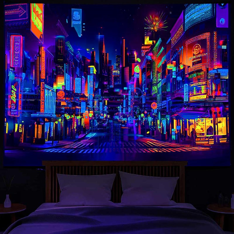 Bzhilja Blacklight Japanese Anime Tapestry, UV Reactive Punk Cityscape Wall Tapestry, Japanese Tokyo Billboards District City 80S Art Wall Hangings for Living Room Bedroom Dorm - Image 3