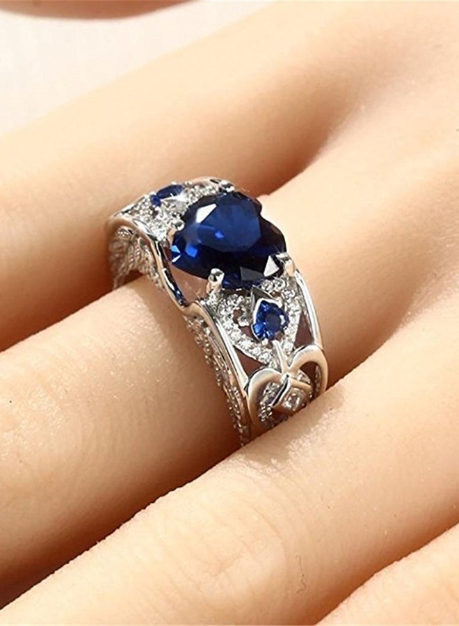 Princess Heart Shape Blue Sapphire Ring – Sterling Silver Natural Birthstone Gemstone, Blue Heart-Shaped Design, Wedding Engagement Ring, EU Size 58 - Image 2