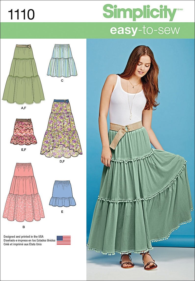 Simplicity 1110 Learn to Sew Tiered Skirt Sewing Pattern for Women, Sizes XXS-XXL - Image 1