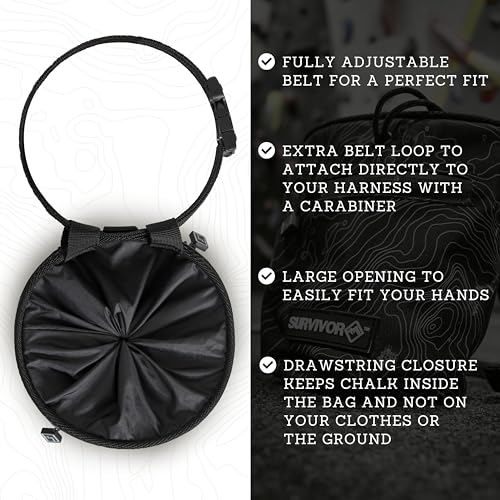 SURVIVOR Chalk Bag + Chalk Ball + Liquid Grip - Iconic Topographical Map, Draw String Closure, 2 Zippered Pockets, & Brush Holder - Bag for Rock Climbing, Bouldering, Weightlifting, Gymnastics & More - Image 5