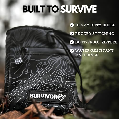 SURVIVOR Chalk Bag + Chalk Ball + Liquid Grip - Iconic Topographical Map, Draw String Closure, 2 Zippered Pockets, & Brush Holder - Bag for Rock Climbing, Bouldering, Weightlifting, Gymnastics & More - Image 4