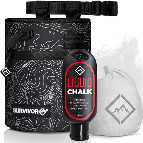 SURVIVOR Chalk Bag + Chalk Ball + Liquid Grip - Iconic Topographical Map, Draw String Closure, 2 Zippered Pockets, & Brush Holder - Bag for Rock Climbing, Bouldering, Weightlifting, Gymnastics & More - Image 1