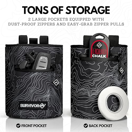 SURVIVOR Chalk Bag + Chalk Ball + Liquid Grip - Iconic Topographical Map, Draw String Closure, 2 Zippered Pockets, & Brush Holder - Bag for Rock Climbing, Bouldering, Weightlifting, Gymnastics & More - Image 3