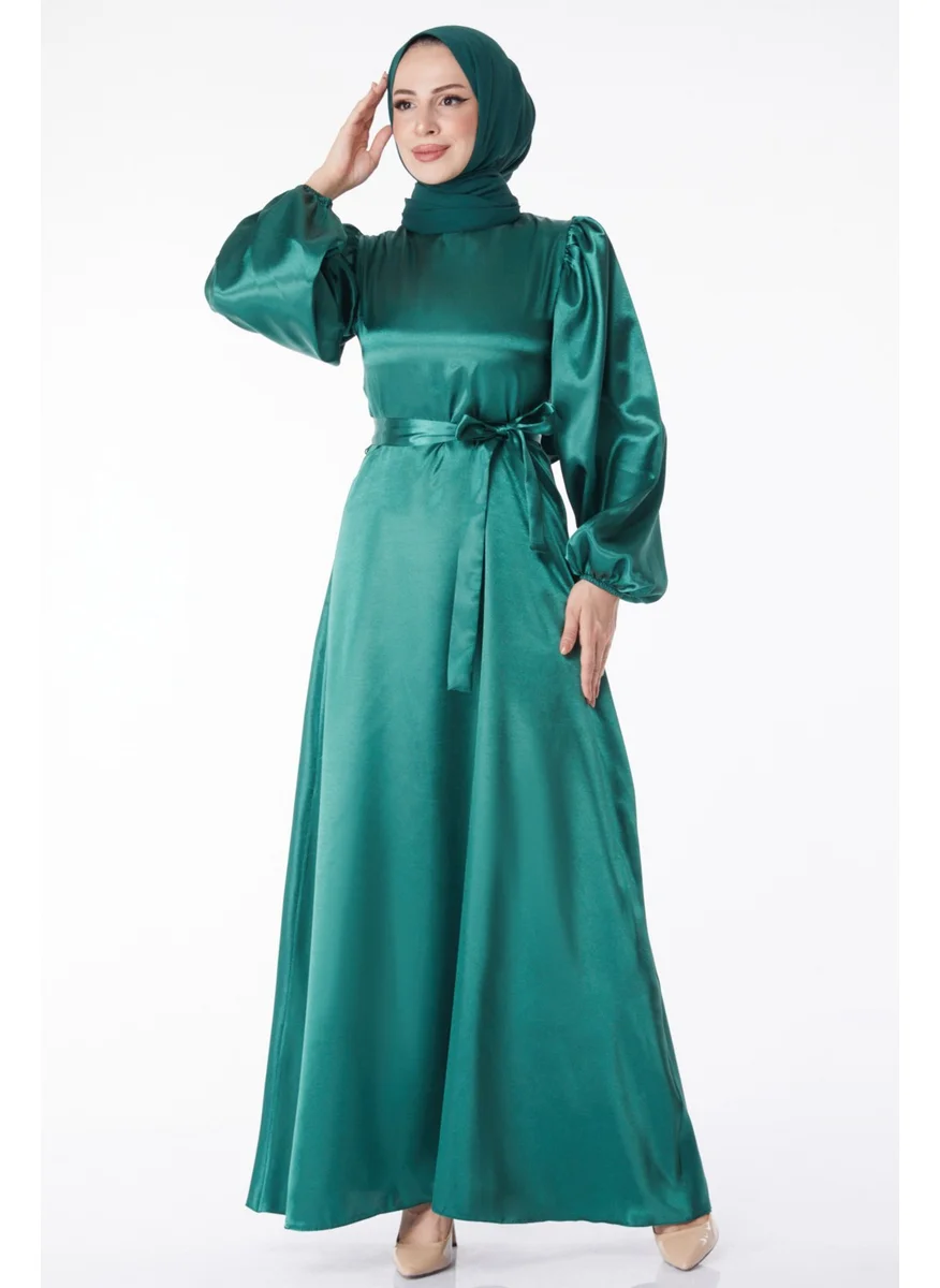 Tofisa Plain Crew Neck Women's Green Belted Dress - 13160