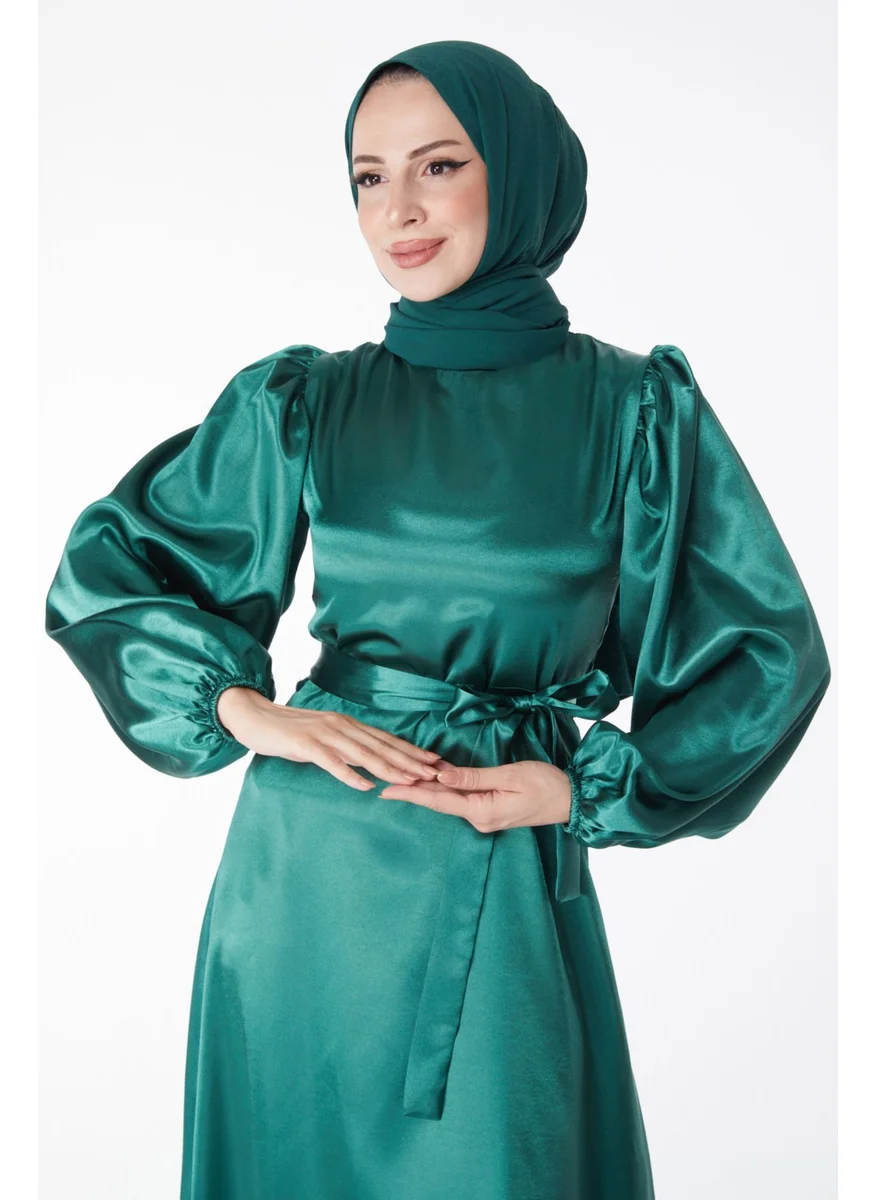 Tofisa Plain Crew Neck Women's Green Belted Dress - 13160