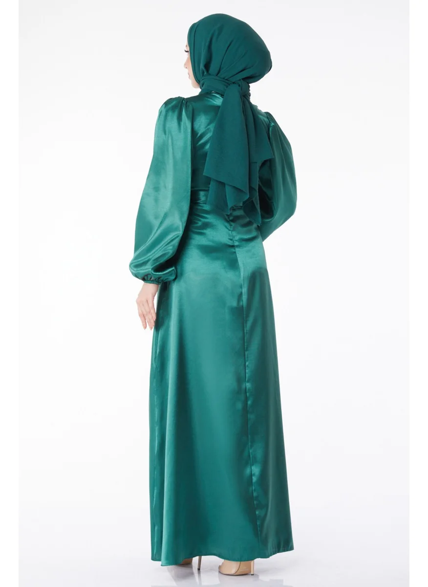Tofisa Plain Crew Neck Women's Green Belted Dress - 13160