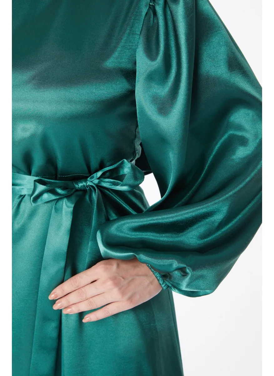 Tofisa Plain Crew Neck Women's Green Belted Dress - 13160