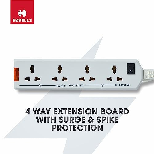 Havells 4 Way Extension Board With Surge & Spike Protection|For Power Requirements Up To 1440W |1.5 Mtr ISI Certified Copper Wire| LED Indicator | Rating -6A, 240V | Home & Office Use, 10 Volts - Image 2