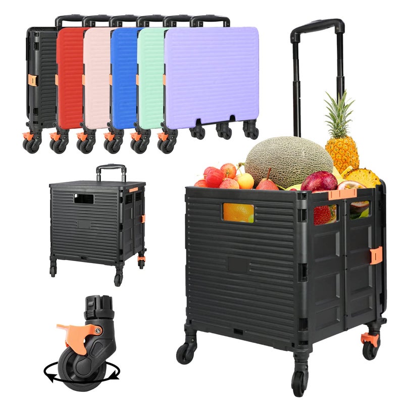 SELORSS SELORSS Foldable Utility Cart Portable Rolling Crate Handcart Shopping Trolley Collapsible Tool Box with Rotate Wheels Durable Duty Plastic Telescoping Handle Lid for Travel Move Office SchoolBlack 