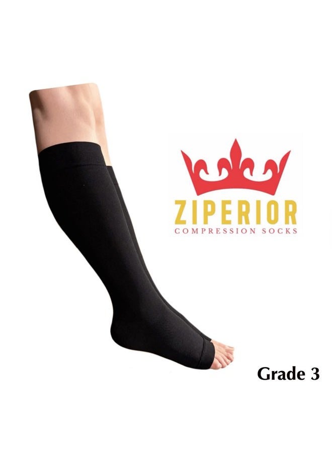 Ziperior Open Toe Inside Leg Calf Zipper 30-40 mmHg Grade 3 Compression Socks (Black, 3X-Large) - Image 3