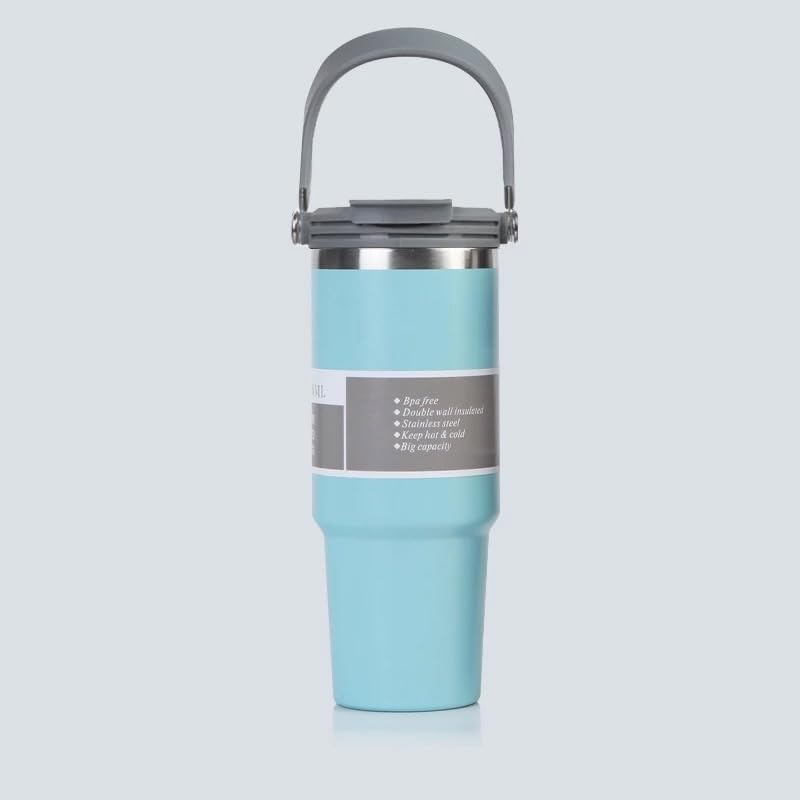 Vasukie 900ML Stainless Steel Tumbler with Straw and Top Handle, Leakproof Sipper Water Bottle, Dual Flip Lid for Office, Gym, Water, Coffee, Tea and Cold Drinks (Aqua) - Image 1