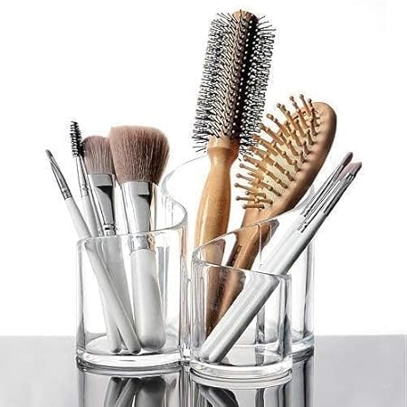KAVSIYA 3 Compartments Acrylic Cosmetic Organizer Display Stand - Makeup Brushes-Lipstick-Pencil-Hair Combs and Jewelry Storage Holder for Home claer - Image 3