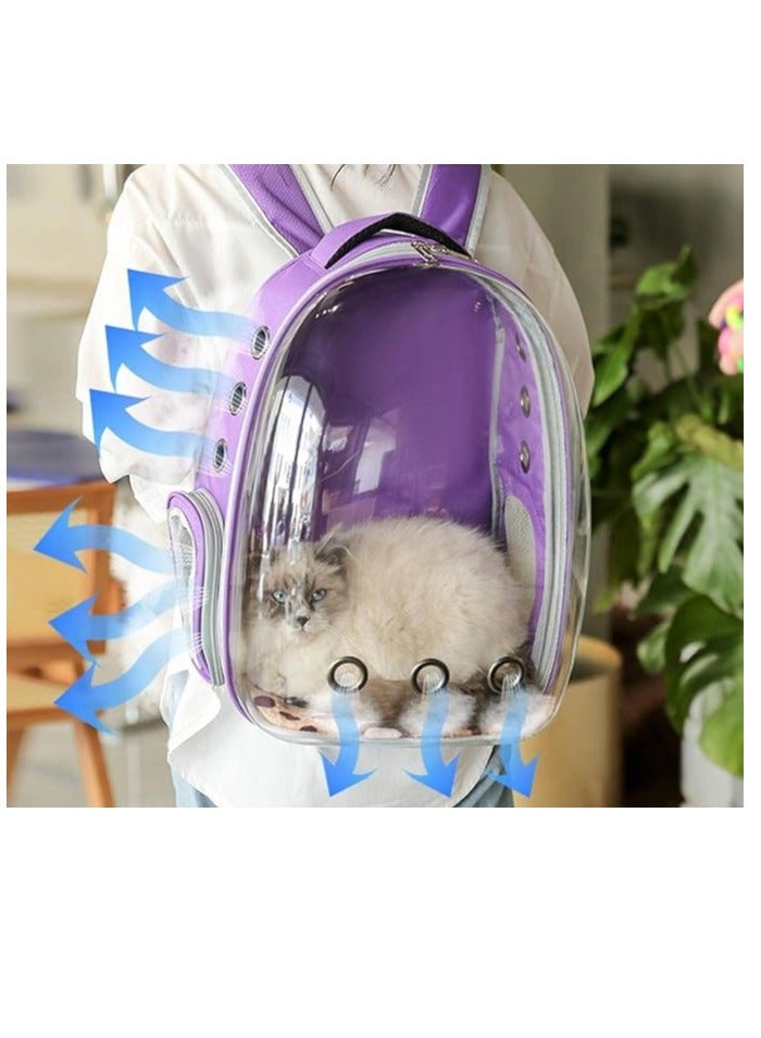 HAPPY PUSS Transparent pet carrier backpack: stylish pet bag for travel, breathable space capsule design, carrier for cats and dogs, suitable for traveling hiking and camping. Purple color - Image 3