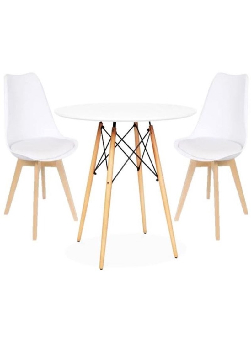 AL WADI FURNITURE AWF AL WADI FURNITURE Mid Century 3-Piece Dining Set, 2 Tulip Chairs with Round Dining Table Wooden Legs, Beige and White - Image 1
