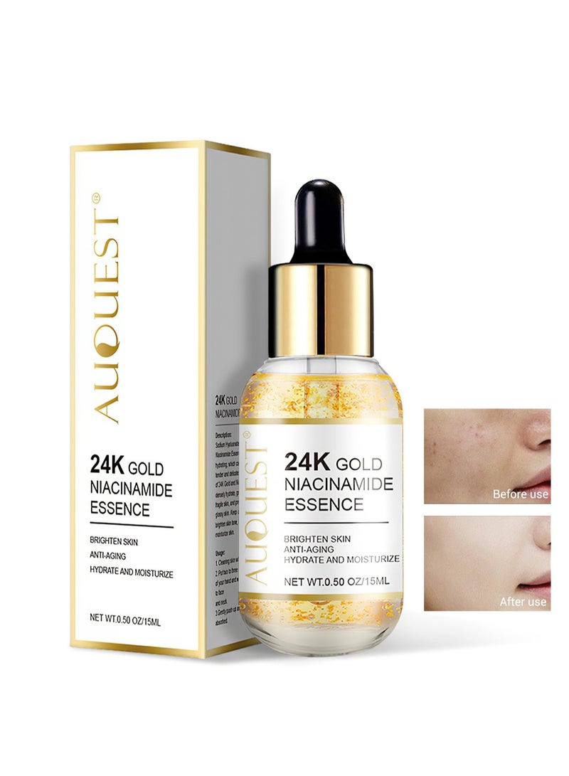 AuQuest 24K Gold Niacinamide Essence, Anti-Aging Face Serum, Hydrating Moisturizing Facial Skin Care Liquid, Brighten Skin and Tighten Pores 15ml  - Image 1