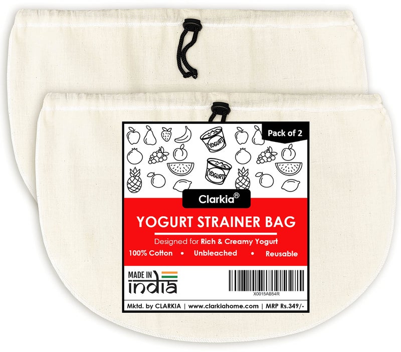 Clarkia Cotton Yogurt Strainer Cheese Cloth Bag | Hung Curd, Nut Milk, Rice, Almond, Oat Milk, Sprouts, Brew Coffee, Juice - 2 Pieces Made of Muslin Cloth, 16W x 27H cm - Image 1