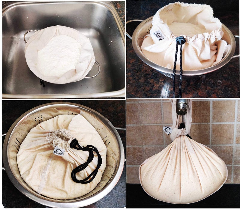 Clarkia Cotton Yogurt Strainer Cheese Cloth Bag | Hung Curd, Nut Milk, Rice, Almond, Oat Milk, Sprouts, Brew Coffee, Juice - 2 Pieces Made of Muslin Cloth, 16W x 27H cm - Image 5