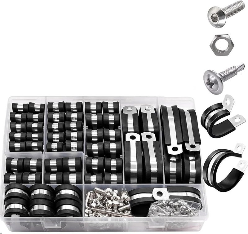 136 قطعة 4 مجموعات مجموعة متنوعة من مشابك الكابلات الفولاذية المقاومة للصدأ في 10 أحجام لتثبيت الأنابيب والأنابيب والأسلاك والحبال - Image 2