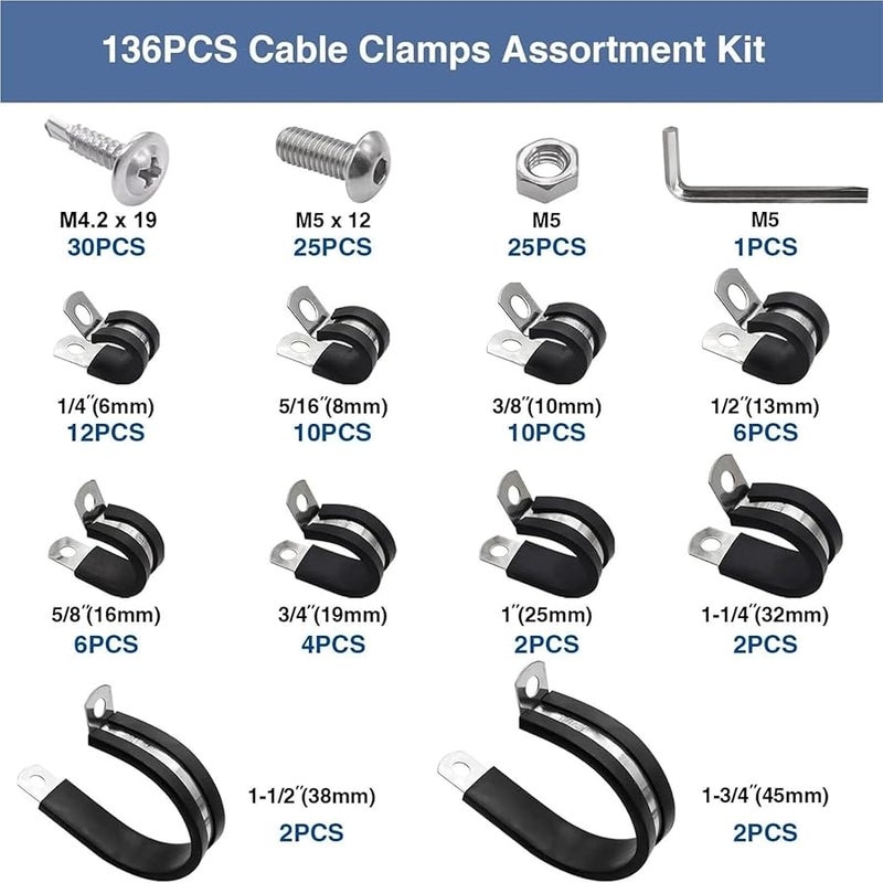 136 قطعة 4 مجموعات مجموعة متنوعة من مشابك الكابلات الفولاذية المقاومة للصدأ في 10 أحجام لتثبيت الأنابيب والأنابيب والأسلاك والحبال - Image 4