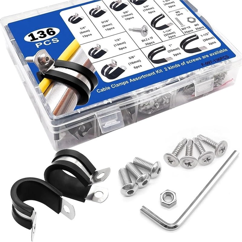 136 قطعة 4 مجموعات مجموعة متنوعة من مشابك الكابلات الفولاذية المقاومة للصدأ في 10 أحجام لتثبيت الأنابيب والأنابيب والأسلاك والحبال - Image 5