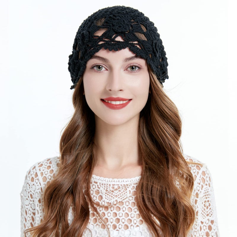 ZLYC Women Cotton Crochet Slouchy Beanie Hat Handmade Knit Cutout Summer Floral Skull Cap (Flowers Black) - Image 3