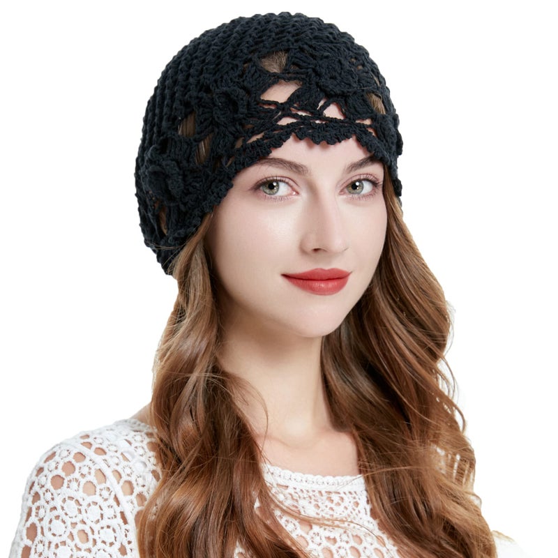 ZLYC Women Cotton Crochet Slouchy Beanie Hat Handmade Knit Cutout Summer Floral Skull Cap (Flowers Black) - Image 1