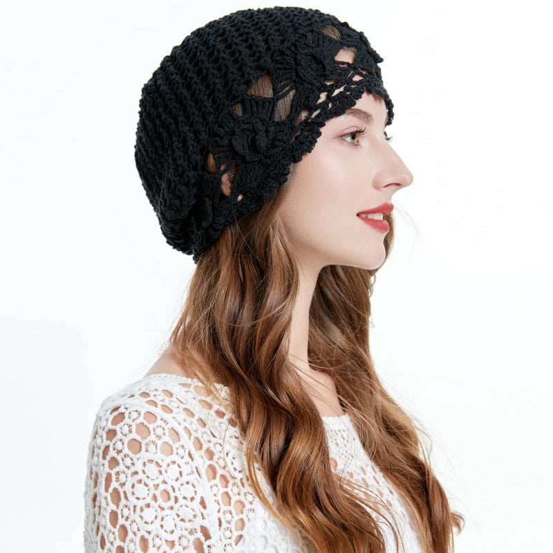 ZLYC Women Cotton Crochet Slouchy Beanie Hat Handmade Knit Cutout Summer Floral Skull Cap (Flowers Black) - Image 2