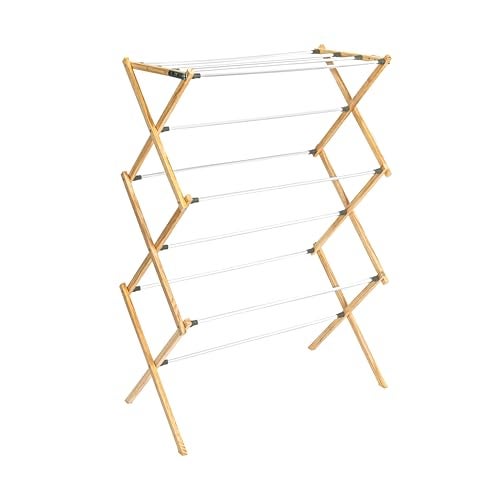 Household Essentials X-Frame Clothes Drying Rack, Stabile Wood Frame with Slanted Feet, Smooth Vinyl Wrapped Rods, 23.8 Feet of Hanging Space, Ready to Assemble, Flat Top, Natural - Image 1