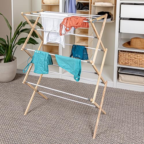 Household Essentials X-Frame Clothes Drying Rack, Stabile Wood Frame with Slanted Feet, Smooth Vinyl Wrapped Rods, 23.8 Feet of Hanging Space, Ready to Assemble, Flat Top, Natural - Image 3