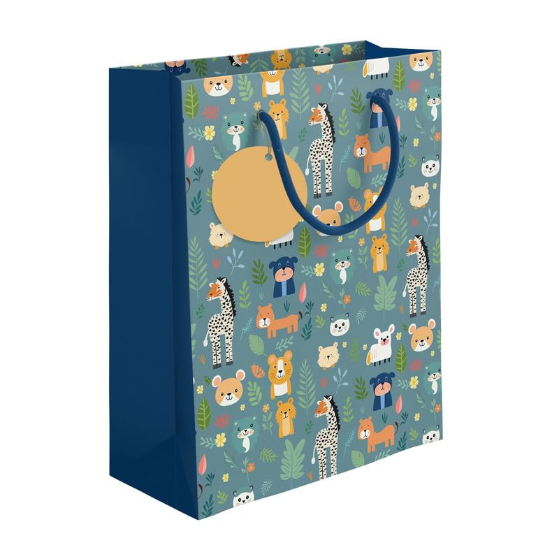 PaperPep Green Cute Cartoon Animal Pattern PrintGift Paper Bags | Medium (13"X10"X4.5" inches) | Attached gift tags, Ideal for Return Gifts, Weddings, Birthday & Celebrations | Pack of 3 - Image 1