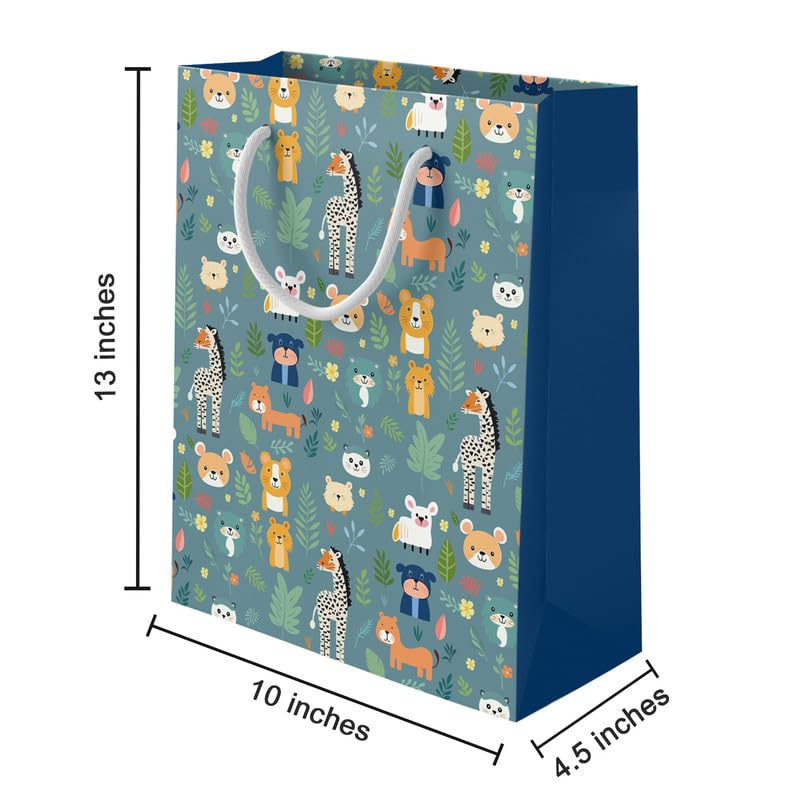 PaperPep Green Cute Cartoon Animal Pattern PrintGift Paper Bags | Medium (13"X10"X4.5" inches) | Attached gift tags, Ideal for Return Gifts, Weddings, Birthday & Celebrations | Pack of 3 - Image 2