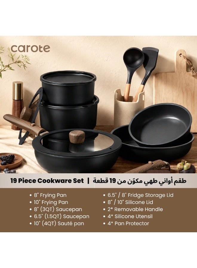Carote 19-Piece Non Stick Cookware Set with Detachable Handle – Induction, Gas & Oven Compatible, Dishwasher Safe, Space Saving Kitchen Pots and Pans, PFOA & BPA Free, Healthy Cooking Set, Black - Image 2