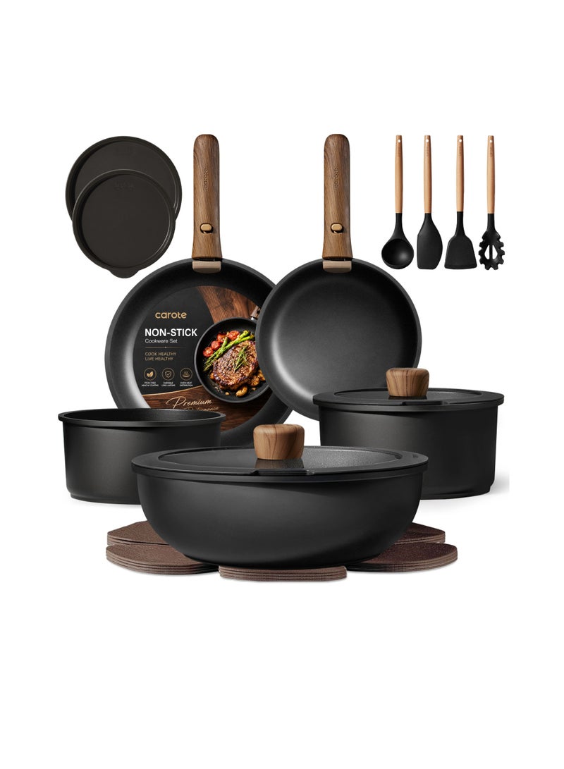 Carote 19-Piece Non Stick Cookware Set with Detachable Handle – Induction, Gas & Oven Compatible, Dishwasher Safe, Space Saving Kitchen Pots and Pans, PFOA & BPA Free, Healthy Cooking Set, Black - Image 1