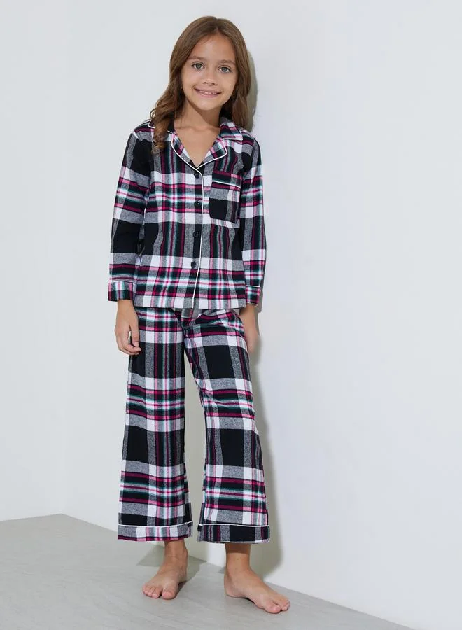 Styli Girls Black Checked Long Sleeves Shirt And Straight Leg Pants Pyjama Set