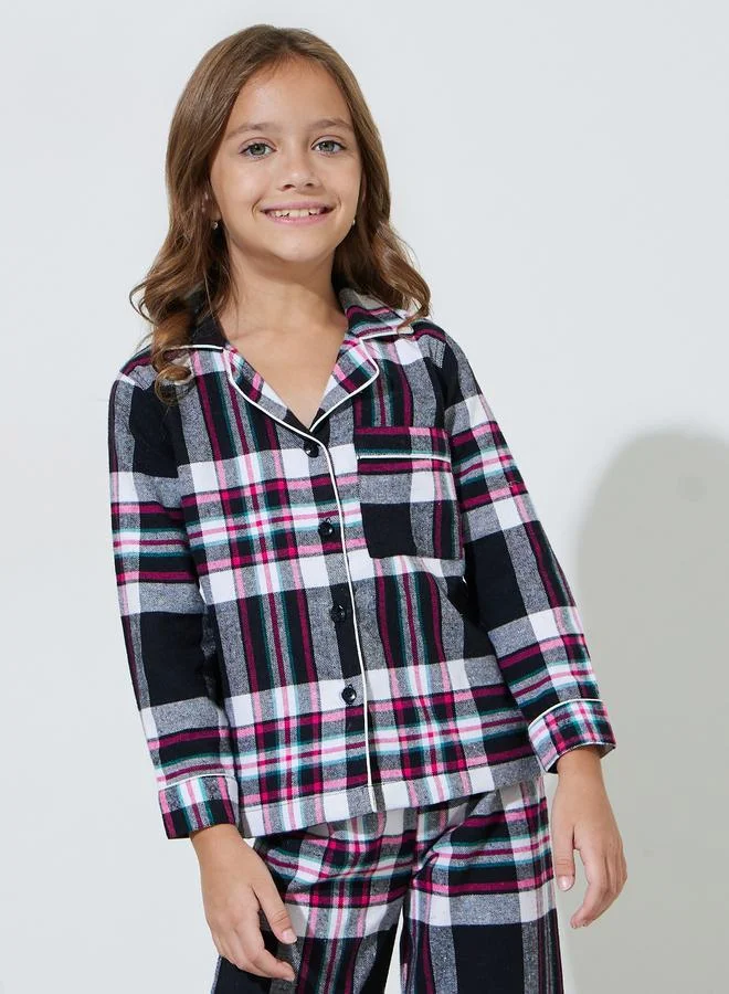 Styli Girls Black Checked Long Sleeves Shirt And Straight Leg Pants Pyjama Set