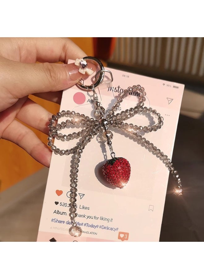 NIBEMINENT Beaded Phone Lanyard, Anti Lost Removable Wrist Strap, Crystal Bow Bracelet Pendant, Phone Keychain Lanyard,Red - Image 1