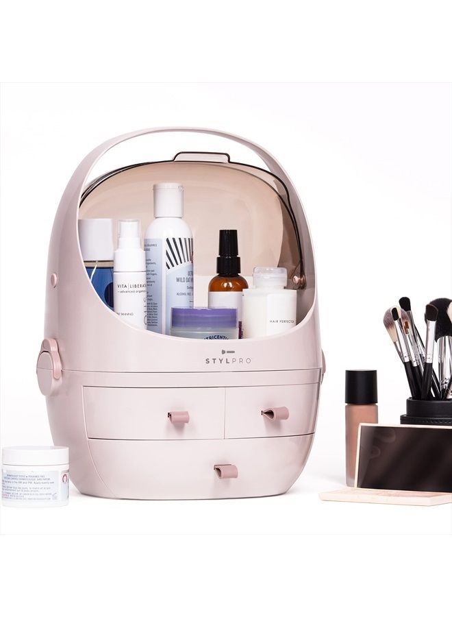stylPro STYLPRO Beauty Storage Podlette, Cosmetics & Skincare Organiser with 3 Drawers, Detachable Lid, Dustproof Cover & Travel Handle for Dresser, Bedroom, Bathroom & Home Organisation, Rose 25x23x32cm  - Image 1