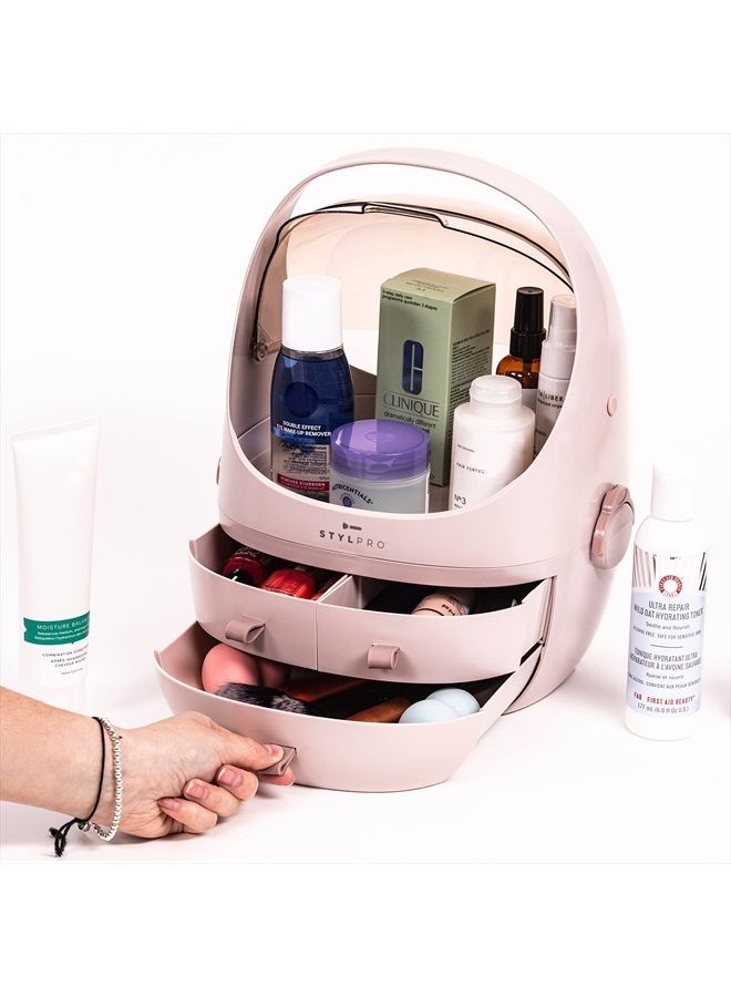 stylPro STYLPRO Beauty Storage Podlette, Cosmetics & Skincare Organiser with 3 Drawers, Detachable Lid, Dustproof Cover & Travel Handle for Dresser, Bedroom, Bathroom & Home Organisation, Rose 25x23x32cm  - Image 2
