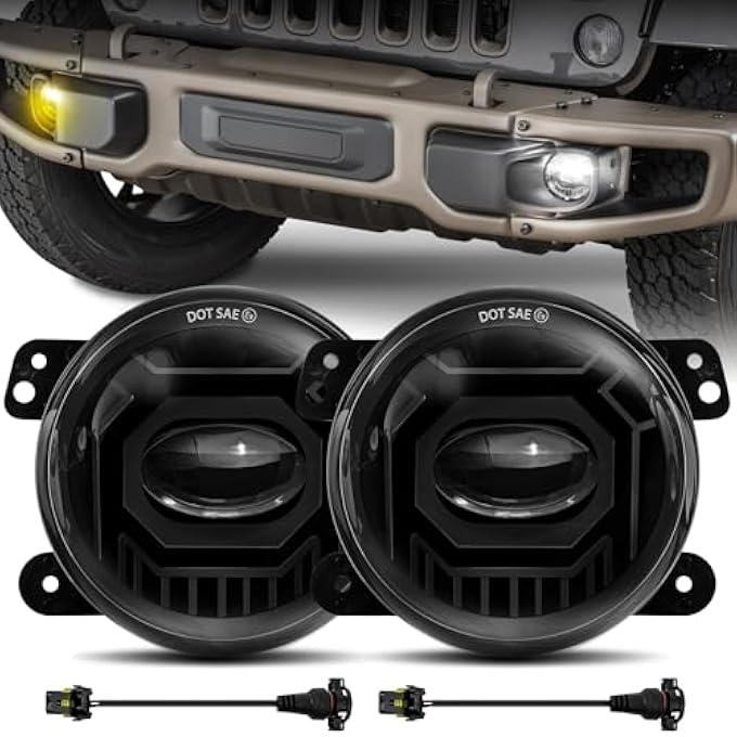 VI9000 مصابيح ضباب LED دائرية مقاس 4 بوصات باللون الأبيض الكهرماني متوافقة مع جيب رانجلر JK Unlimited JKU 2007-2018 معتمدة من وزارة النقل الأمريكية، زوج بديل لتجميع مصابيح الضباب الأمامية للطرق الوعرة - Image 1