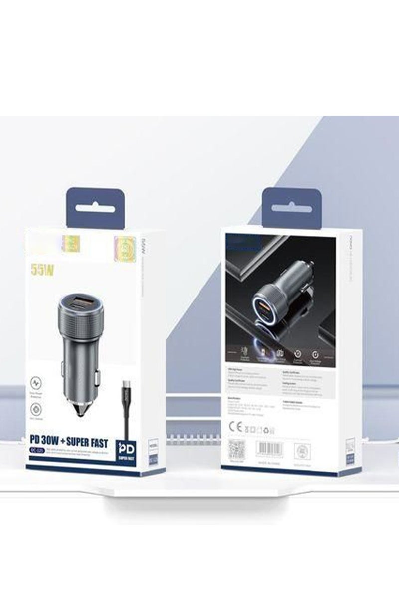 Super fast Car Charger DC-125 PD 55W Super Fast Multi Charger USB-C & USB Port Turbo Power, Overheat Protection , Compact Design with USB to Type-C Cable, Stable Output for All Devices - Black - Image 2
