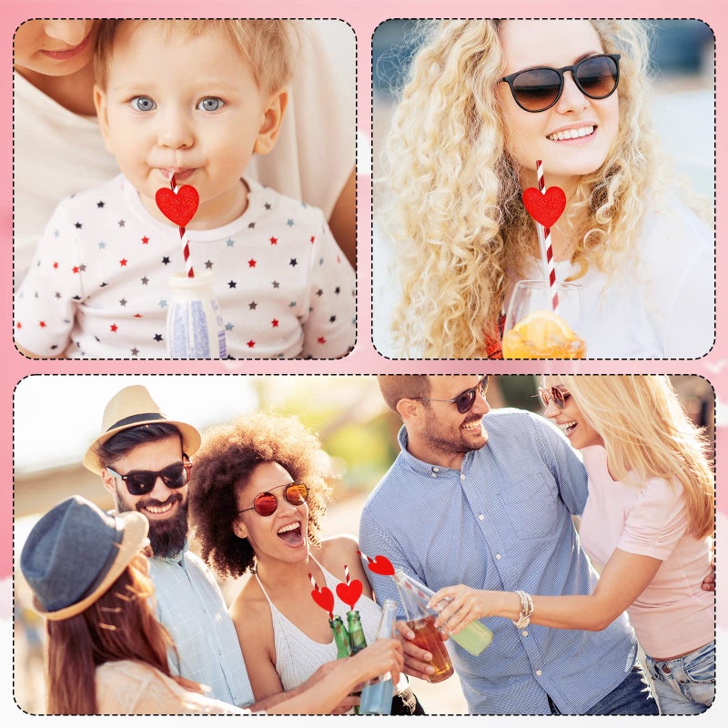 Whaline Valentine's Day Paper Straws 60Pcs Metallic Red Drinking Straws with 60Pcs Glitter Red Heart Slices White Stripe Disposable Straws for Beverages Cocktail Wedding Birthday Party Supplies - Image 3
