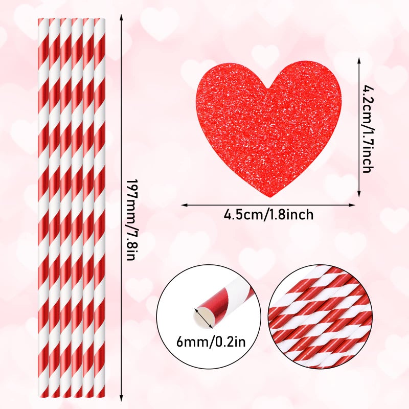 Whaline Valentine's Day Paper Straws 60Pcs Metallic Red Drinking Straws with 60Pcs Glitter Red Heart Slices White Stripe Disposable Straws for Beverages Cocktail Wedding Birthday Party Supplies - Image 1