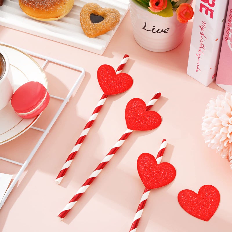 Whaline Valentine's Day Paper Straws 60Pcs Metallic Red Drinking Straws with 60Pcs Glitter Red Heart Slices White Stripe Disposable Straws for Beverages Cocktail Wedding Birthday Party Supplies - Image 2