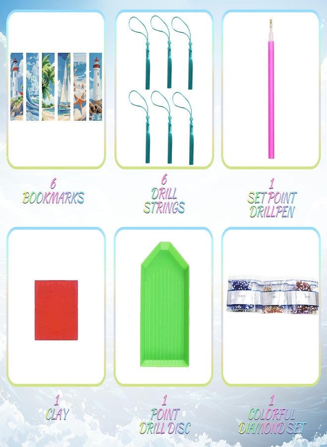 beinkmake 6Pcs Summer Ocean 5D Diamond Art Bookmarks Sea Diamond DIY Painting Bookmarks Lighthouse Sailboat Beach Starfish Rhinestones Beaded Acrylic Tassel Bookmark for Adult Beginner Crafts - Image 3