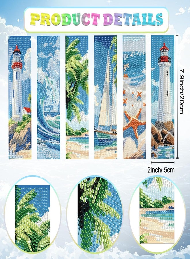beinkmake 6Pcs Summer Ocean 5D Diamond Art Bookmarks Sea Diamond DIY Painting Bookmarks Lighthouse Sailboat Beach Starfish Rhinestones Beaded Acrylic Tassel Bookmark for Adult Beginner Crafts - Image 2