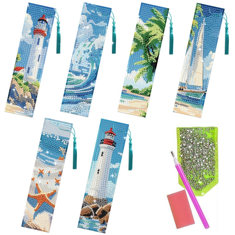 beinkmake 6Pcs Summer Ocean 5D Diamond Art Bookmarks Sea Diamond DIY Painting Bookmarks Lighthouse Sailboat Beach Starfish Rhinestones Beaded Acrylic Tassel Bookmark for Adult Beginner Crafts - Image 1