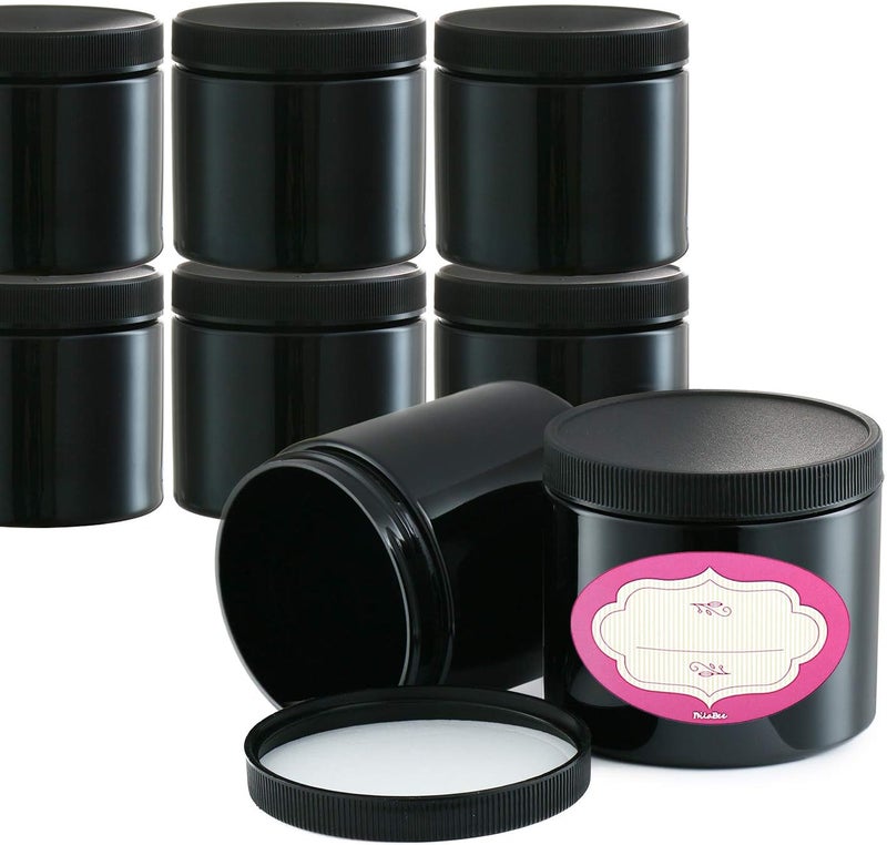 DilaBee Pack of 12-8 Ounce All-Purpose Black Jars with Lids & Labels, Refillable BPA-Free Plastic Pots - Large Empty Round Cosmetic Containers for Body Butter, Bath Sugar & Salt Scrubs, Slime and More