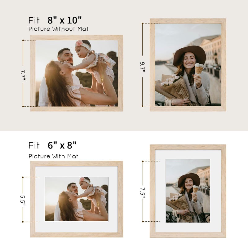 puthiac 8x10 Solid Oak Wood Picture Frame, Fits 6x8 with Mat or 8x10 Without Mat, Wall or Tabletop Display with Stand, Vertical or Horizontal, Plexi Front, 1 Pack, Natural Oak - Image 4