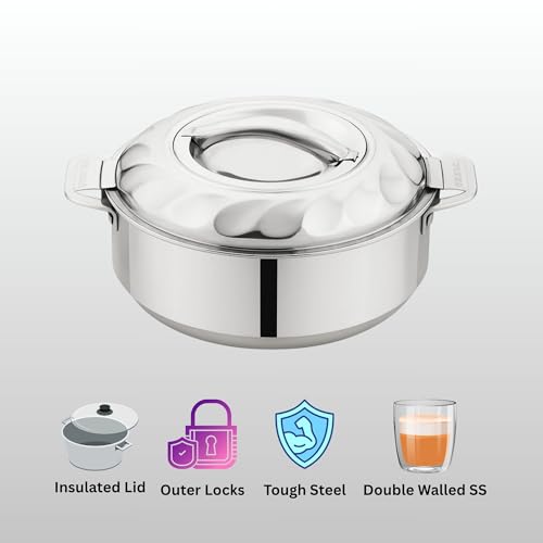 Tsumab Stainless Steel Casserole with Lid, 2.5 Liter, 20 cm Diameter, Double Wall Insulated Hotpot, Keeps Food Hot & Fresh, Durable Heavy Duty, Ideal for Roti, Rice, Curry, Biryani, Silver Finish - Image 3